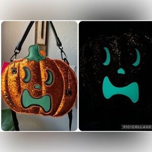 Betsey Johnson Glitter Pumpkin Purse Halloween - Double Sided Crossbody - GITD